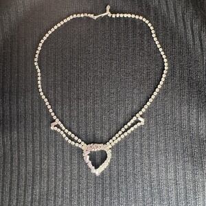 Vintage Rhinestone Choker Necklace Valentine Gift Raised Open Heart Silver Tone
